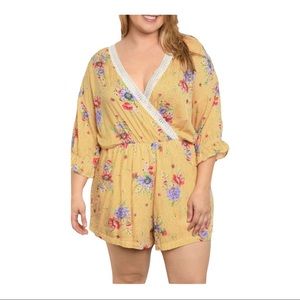 COC Honey Yellow Striped Romper Lightweight Floral Bell Sleeve Shorts Jumpsuit